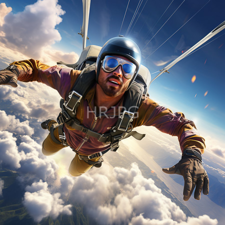 High Resolution: Intense muscular man with dark skin in a brown flight suit parachuting through fluffy clouds at sunrise download. | HRJPG.com