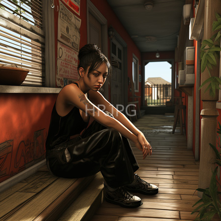 High Resolution: Androgynous short-haired person with tan skin sitting on wooden steps in a sunlit alleyway of red-painted buildings with graffiti download. | HRJPG.com