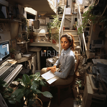 High Resolution: Indian woman with brown skin sitting at a cluttered desk filled with plants papers and a computer monitor in a sunlit corner office download. | HRJPG.com