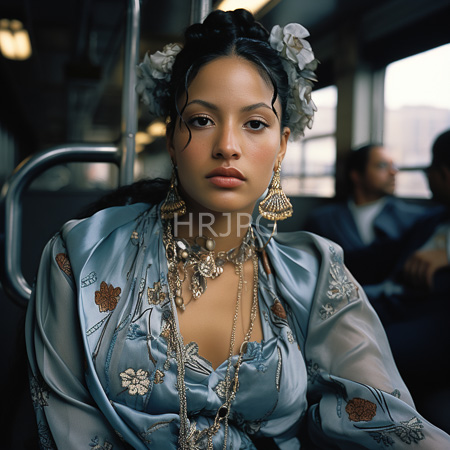 High Resolution: Asian woman with brown skin wearing ornate gold jewelry over a blue silk dress sitting on public transport download. | HRJPG.com
