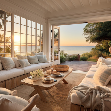 High Resolution: Elegant sunlit porch at sunset with white cushioned sofas striped pillows and a wooden coffee table holding ceramic bowls and flowers download. | HRJPG.com