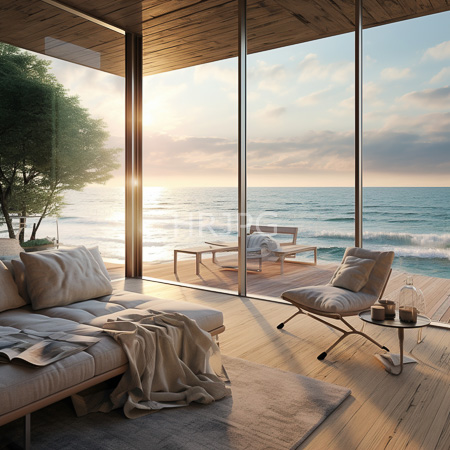 High Resolution: Modern beachside living room at sunset with floor-to-ceiling glass windows revealing ocean waves and a beige sectional sofa download. | HRJPG.com
