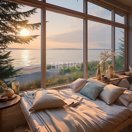 High Resolution: Serene sunlit bedroom with large floor-to-ceiling windows overlooking an ocean at sunset with a bed and white and teal pillows download. | HRJPG.com