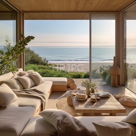 High Resolution: Modern sunlit beachside living room with floor-to-ceiling glass windows showcasing an ocean view at sunset with a sectional sofa download. | HRJPG.com