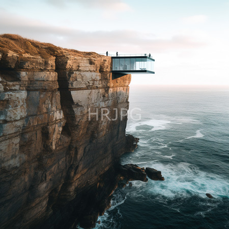 High Resolution: Overhanging glass balcony on rugged cliffs overlooking turbulent ocean waves at sunset with two small figures near the edge download. | HRJPG.com