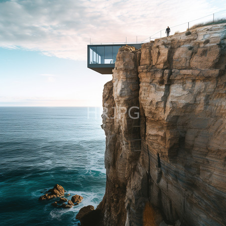 High Resolution: Overhanging cliffside structure with one person standing on its edge overlooking turquoise ocean waves and rocky outcrops download. | HRJPG.com