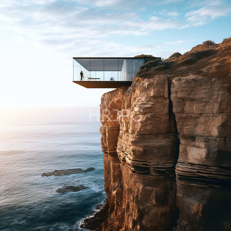 High Resolution: Modern glass balcony perched on a cliffside overlooking the ocean at sunset with a silhouetted person inside the transparent structure download. | HRJPG.com