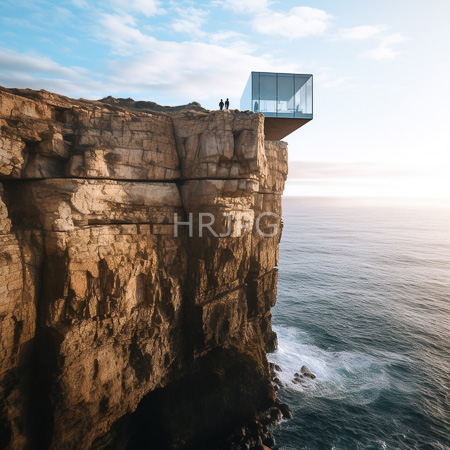 High Resolution: Overhanging glass box perched on rugged brown cliffs overlooking turbulent ocean waves at sunset with two small figures atop the cliff download. | HRJPG.com