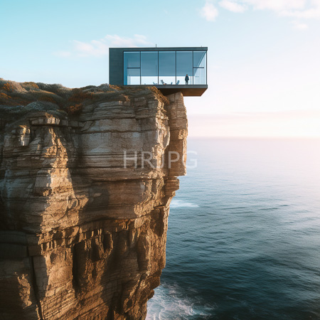 High Resolution: Modern glass box perched on a cliff's edge overlooking the ocean at sunset with rugged beige cliffs dominating the left side download. | HRJPG.com