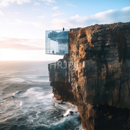 High Resolution: Individual standing on a glass-walled cantilevered platform jutting from a rugged cliffside overlooking ocean waves download. | HRJPG.com