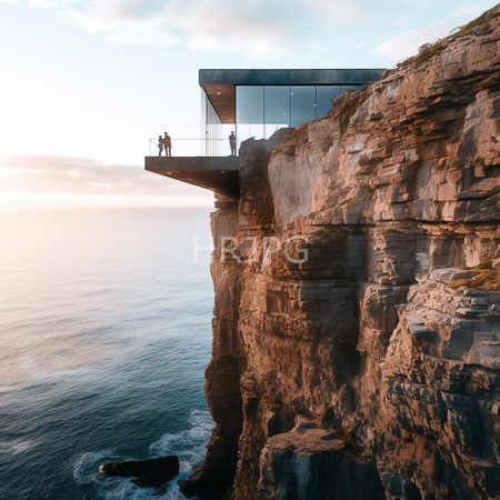 High Resolution: Modern glass balcony perched on a cliff's edge at sunset overlooking the ocean with rocky cliffs and waves below download. | HRJPG.com
