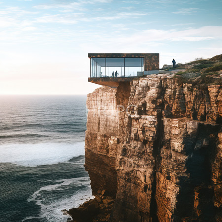 High Resolution: Modern glass-walled cliffside house perched on rugged brown cliffs overlooking ocean waves at sunset with two silhouetted figures download. | HRJPG.com