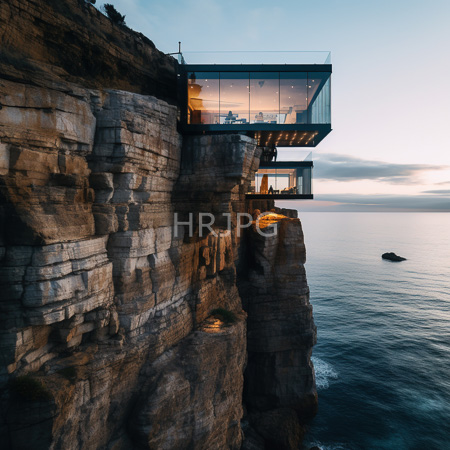 High Resolution: Modern glass-walled cliffside house perched on rugged rocky cliffs overlooking a calm ocean at sunset with two illuminated levels download. | HRJPG.com