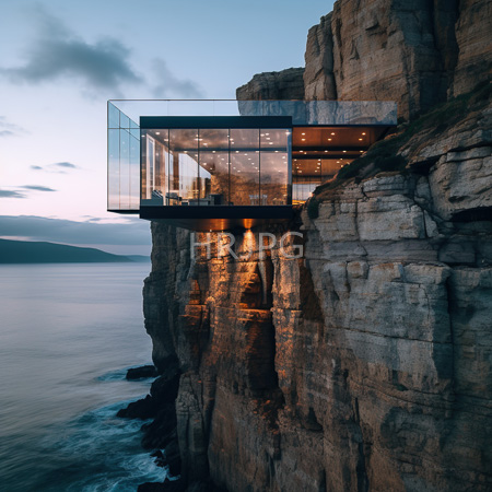 High Resolution: Modern glass-walled house perched on a rocky cliff at dusk overlooking the ocean with warm interior lighting contrasting the cool evening sky download. | HRJPG.com