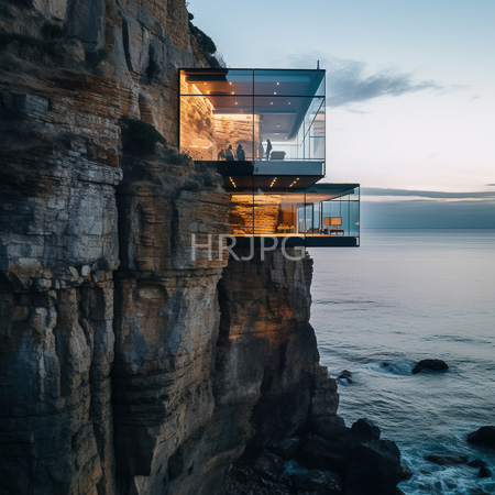 High Resolution: Modern glass-walled cliffside house at dusk two levels jutting from a rugged rock face over the ocean under a twilight sky download. | HRJPG.com