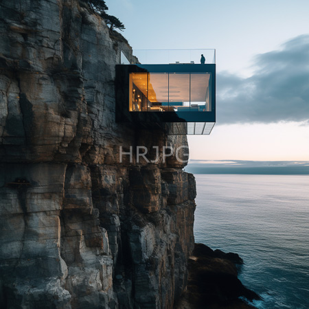 High Resolution: Modern glass-walled cliffside house perched on a rugged rock face during sunset with warm yellow interior light contrasting the cool blue ocean download. | HRJPG.com