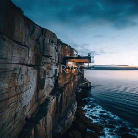 High Resolution: Evening coastal scene featuring rugged beige cliffs leading to calm ocean waters with a small glass-walled building perched on the edge download. | HRJPG.com