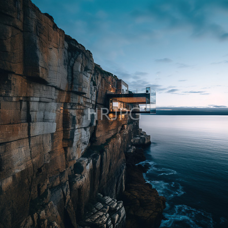 High Resolution: Illuminated modern glass-walled building perched on rugged cliffs by calm ocean waters at dusk against a blue sky with scattered clouds download. | HRJPG.com