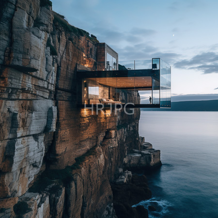 High Resolution: Modern glass-walled cliffside house at dusk with an illuminated interior contrasting the rugged rock face and calm sea below download. | HRJPG.com