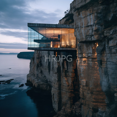 High Resolution: Modern glass house perched on a rocky cliffside at dusk with warm interior lighting and textured cliffs featuring natural arches download. | HRJPG.com