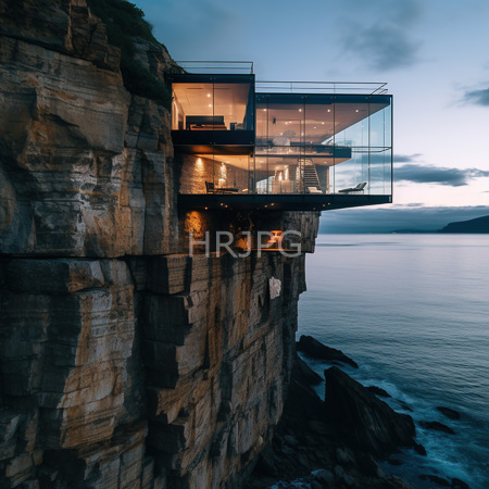High Resolution: Modern glass-walled cliffside house at dusk two levels jutting from rocky cliffs over calm ocean waters with dark rocks below download. | HRJPG.com