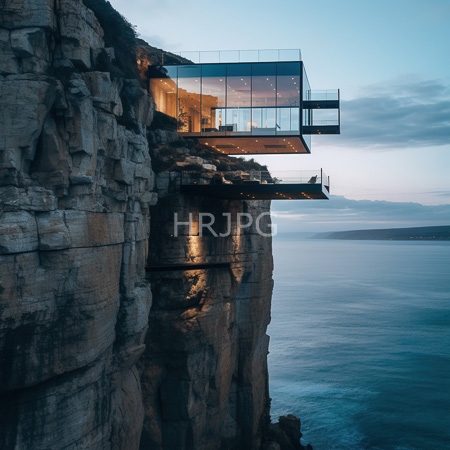 High Resolution: Modern glass balconies perched on rugged rocky cliffs overlooking a calm blue ocean at dusk with warm interior lights download. | HRJPG.com