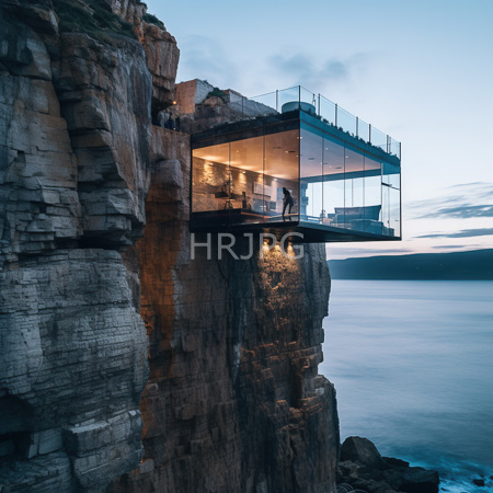 High Resolution: Modern glass-walled balcony suspended from a rugged cliff at dusk warmly lit with furniture and a person overlooking the calm sea download. | HRJPG.com