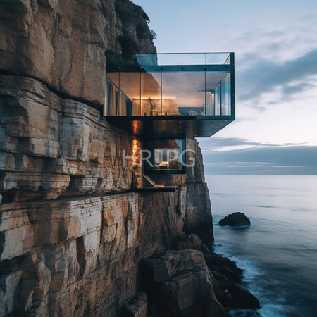 High Resolution: Modern glass-walled cliffside house at dusk perched on rugged beige rock cliffs overlooking a calm ocean with warm interior lights download. | HRJPG.com