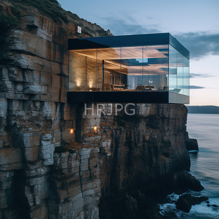 High Resolution: Modern glass house perched on a rugged cliffside at dusk with warm interior lighting visible through transparent walls download. | HRJPG.com