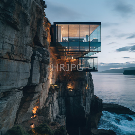 High Resolution: Modern glass-walled cliffside house at dusk two levels jutting from a rugged rock face over the ocean with distant mountains download. | HRJPG.com