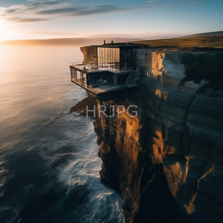 High Resolution: Elevated glass-walled structure on rugged cliffs at sunset with ocean waves crashing below and golden sunlight reflecting off rocky surfaces download. | HRJPG.com