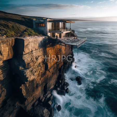 High Resolution: Modern glass-walled house perched on a rocky cliffside overlooking the ocean at sunset with waves crashing against rocks below download. | HRJPG.com