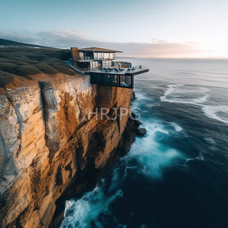 High Resolution: Modern cliffside house at sunset perched on rugged brown and beige cliffs overlooking turbulent ocean waves below download. | HRJPG.com
