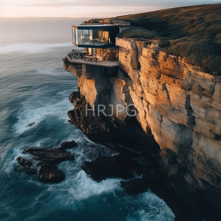 High Resolution: Modern glass-walled house perched on a cliffside overlooking the ocean at sunset with rugged cliffs in warm orange and brown hues download. | HRJPG.com