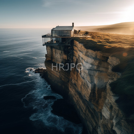 High Resolution: Isolated glass-walled observation building perched on top of rugged cliffs overlooking dark blue ocean waves at sunset download. | HRJPG.com