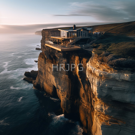 High Resolution: Elegant modern house perched on a rugged cliffside during sunset with large glass windows and wooden decks extending over steep cliffs download. | HRJPG.com