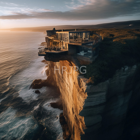 High Resolution: Isolated modern glass-walled house perched on rugged cliffs overlooking turbulent ocean waves at sunset with golden sunlight download. | HRJPG.com