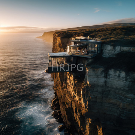 High Resolution: Elegant modern cliffside house at sunset with glass balconies perched on rugged cliffs overlooking turbulent ocean waves download. | HRJPG.com