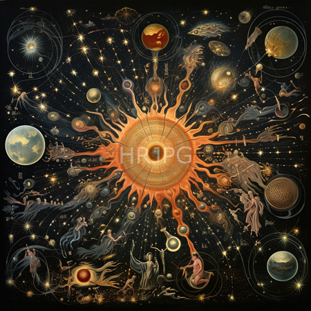 High Resolution: Intricate cosmic scene with a radiant sun-like center emitting orange and gold rays surrounded by planets stars and celestial figures download. | HRJPG.com