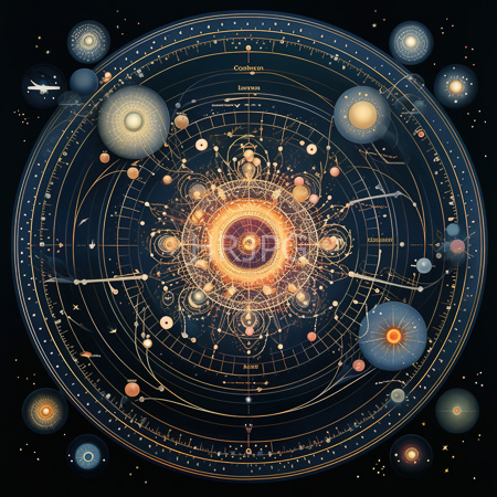 High Resolution: Intricate glowing celestial map against a dark space background featuring concentric circles with planets and stars labeled in gold text download. | HRJPG.com