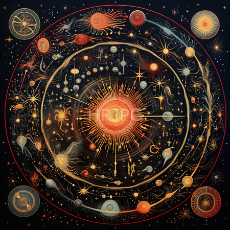 High Resolution: Intricate colorful cosmic scene with concentric circles and celestial objects like planets stars comets and galaxies download. | HRJPG.com