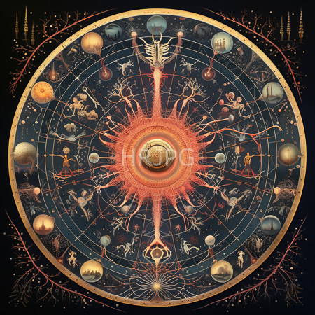 High Resolution: Intricate circular cosmic mandala with celestial and biological elements like skeletons planets stars trees and DNA helices download. | HRJPG.com