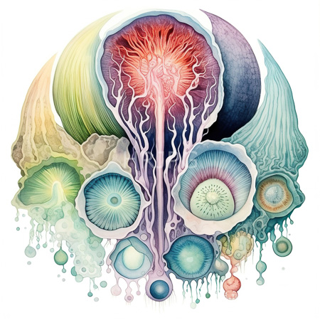 High Resolution: Intricate watercolor-style drawing of a surreal skull-like figure with vibrant colors organic textures and branching white lines download. | HRJPG.com