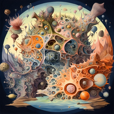 High Resolution: Intricate surreal abstract alien landscape with organic textures resembling coral reefs or cellular structures in pastel hues download. | HRJPG.com