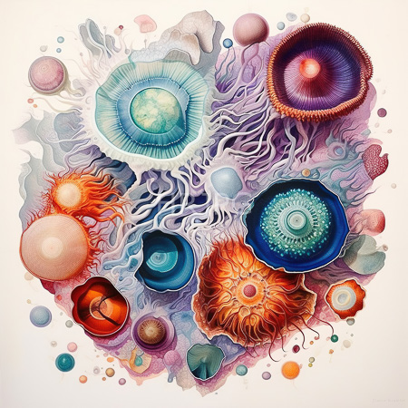 High Resolution: Intricate abstract floral and spherical forms with textured petals in shades of blue orange pink green purple on a white background download. | HRJPG.com