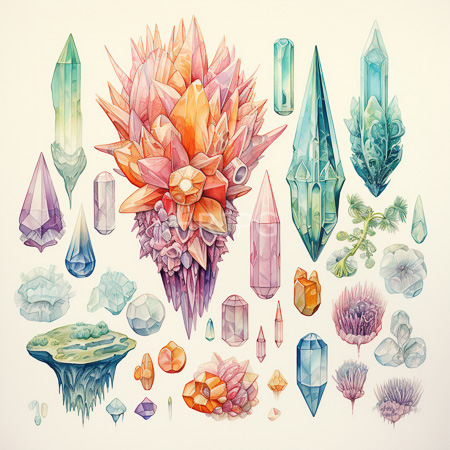 High Resolution: Intricate watercolor illustration featuring crystalline and plant-like structures in vibrant hues of pink orange green blue purple download. | HRJPG.com