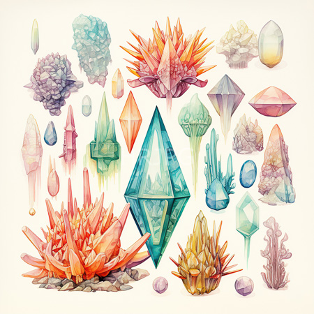 High Resolution: Watercolor illustration of various colorful crystals and gemstones in geometric shapes including triangles prisms spikes and spheres download. | HRJPG.com
