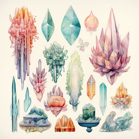 High Resolution: Intricate watercolor illustration featuring various crystalline structures in vibrant pastel hues of pink green blue and orange download. | HRJPG.com