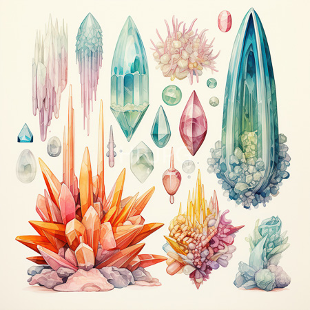 High Resolution: Intricate watercolor illustration depicting various crystalline structures in vibrant colors including orange-red spikes and green prisms download. | HRJPG.com