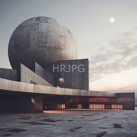 High Resolution: Modernist architecture at dusk featuring an enormous concrete sphere atop angular geometric structures with red-tinted windows download. | HRJPG.com